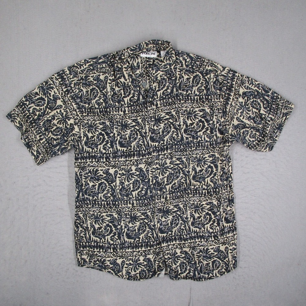 Porcini Silk Mens Small Blue Cream Graphic Bird Print Short Sleeve Button Shirt